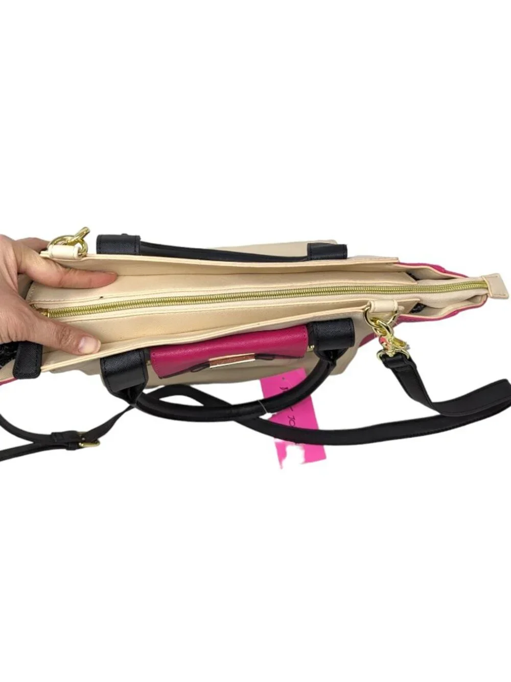 Betsey Johnson Beige Cream Pink Black Gold Handbag Satchel Crossbody Bag